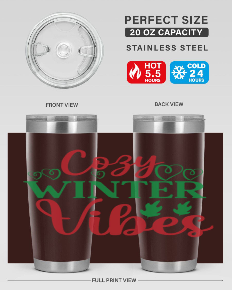 Cozy Winter Vibes 74# Tumbler in stainless steel with winter-themed design, showcasing its double wall vacuum insulation and drink-thru lid.