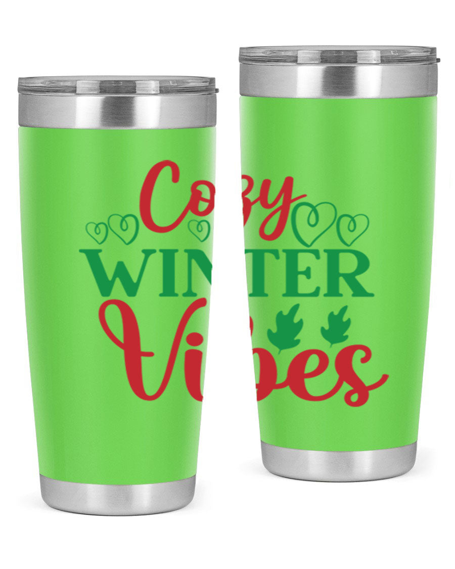 Cozy Winter Vibes 74# Tumbler in stainless steel with winter-themed design, showcasing its double wall vacuum insulation and drink-thru lid.