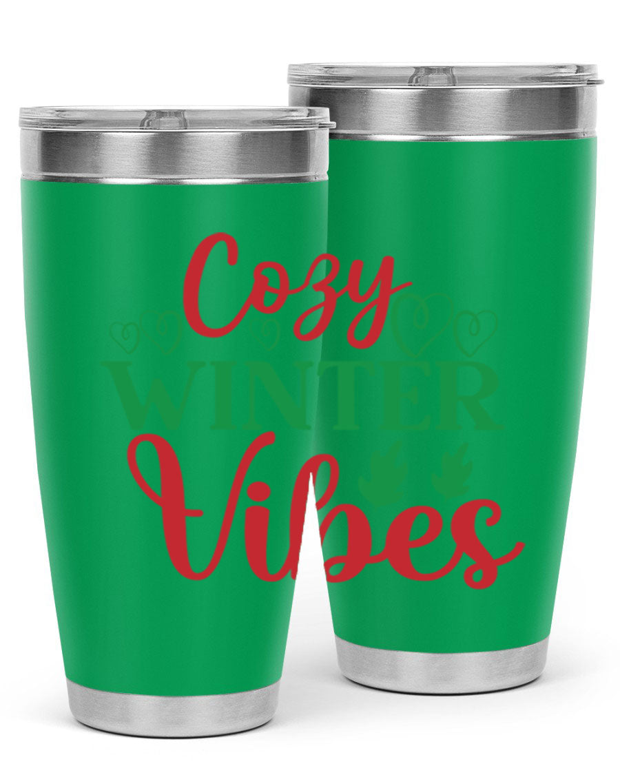 Cozy Winter Vibes 74# Tumbler in stainless steel with winter-themed design, showcasing its double wall vacuum insulation and drink-thru lid.