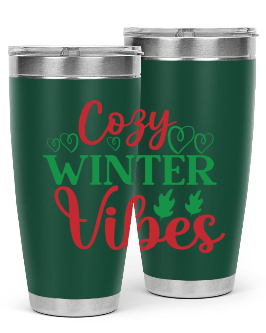 Cozy Winter Vibes 74# Tumbler in stainless steel with winter-themed design, showcasing its double wall vacuum insulation and drink-thru lid.