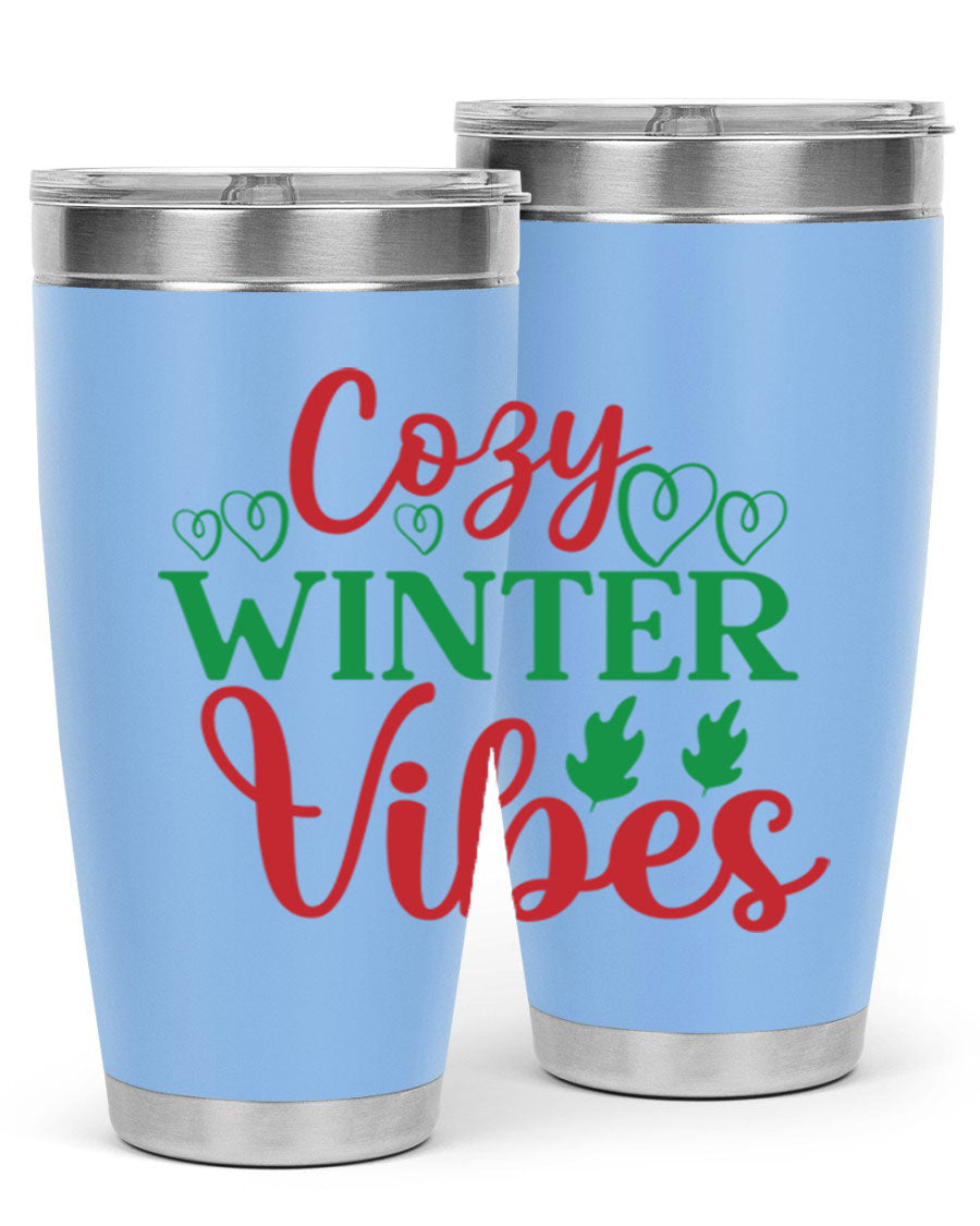 Cozy Winter Vibes 74# Tumbler in stainless steel with winter-themed design, showcasing its double wall vacuum insulation and drink-thru lid.