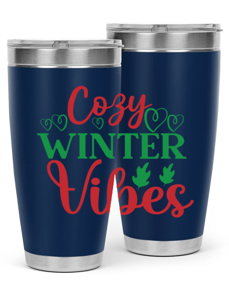 Cozy Winter Vibes 74# Tumbler in stainless steel with winter-themed design, showcasing its double wall vacuum insulation and drink-thru lid.