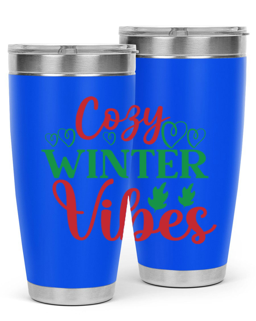 Cozy Winter Vibes 74# Tumbler in stainless steel with winter-themed design, showcasing its double wall vacuum insulation and drink-thru lid.