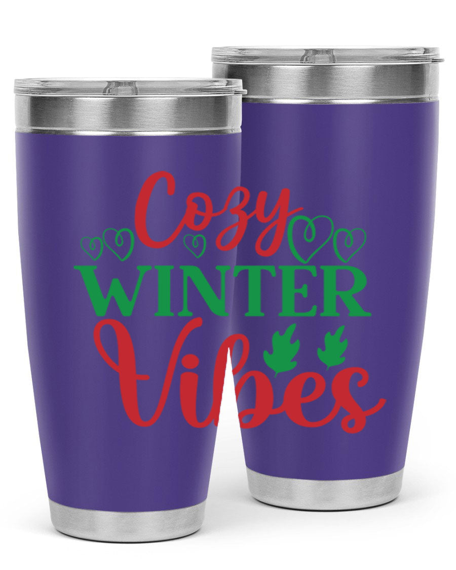 Cozy Winter Vibes 74# Tumbler in stainless steel with winter-themed design, showcasing its double wall vacuum insulation and drink-thru lid.