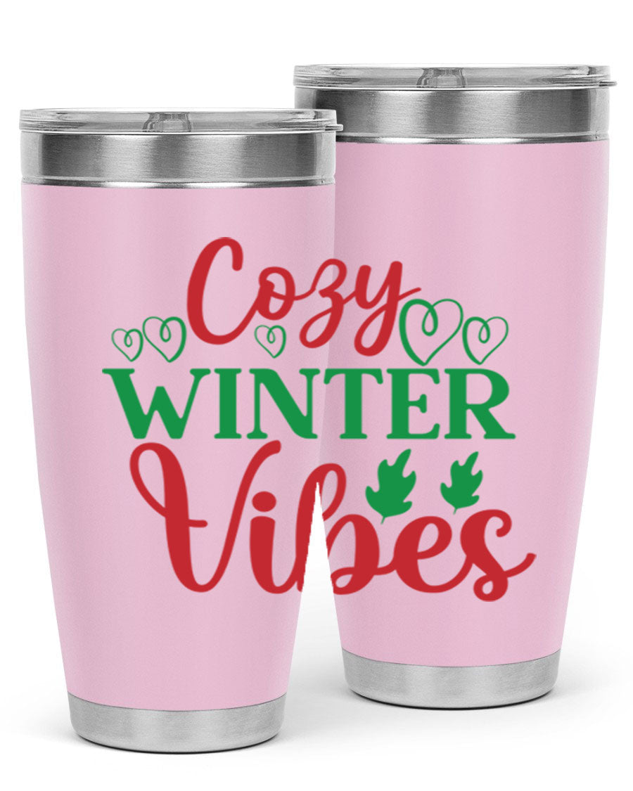 Cozy Winter Vibes 74# Tumbler in stainless steel with winter-themed design, showcasing its double wall vacuum insulation and drink-thru lid.