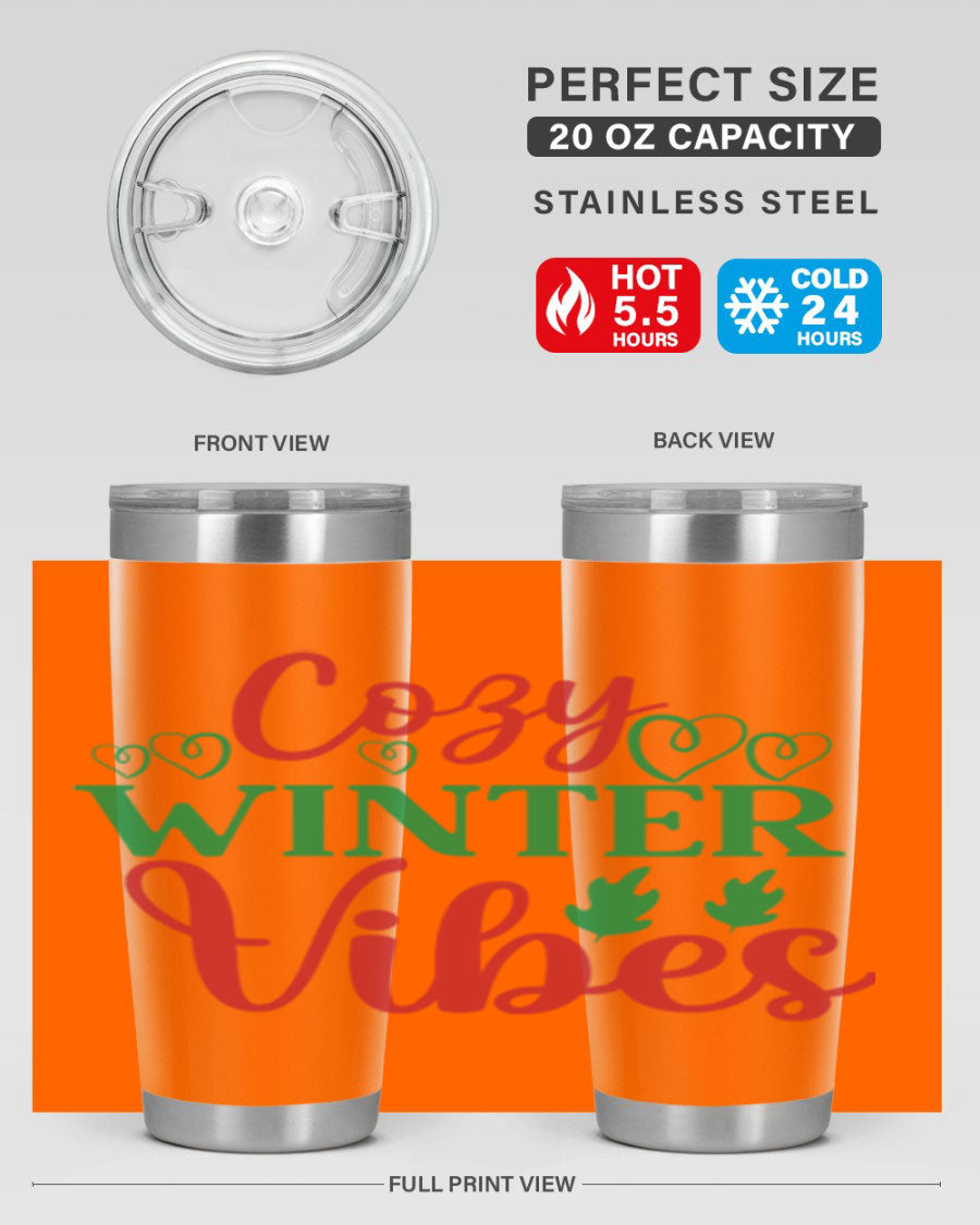 Cozy Winter Vibes 74# Tumbler in stainless steel with winter-themed design, showcasing its double wall vacuum insulation and drink-thru lid.
