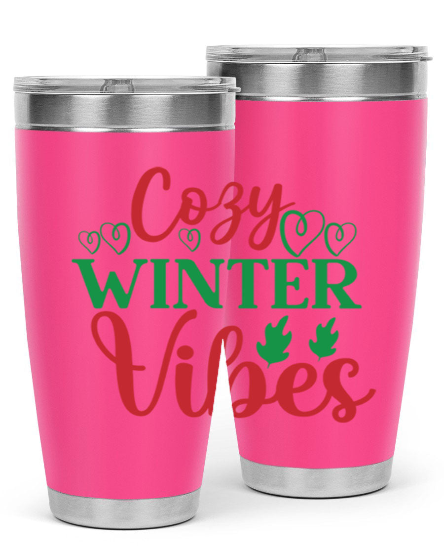 Cozy Winter Vibes 74# Tumbler in stainless steel with winter-themed design, showcasing its double wall vacuum insulation and drink-thru lid.