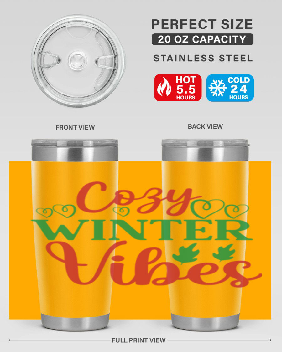 Cozy Winter Vibes 74# Tumbler in stainless steel with winter-themed design, showcasing its double wall vacuum insulation and drink-thru lid.