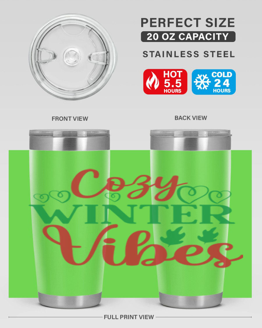 Cozy Winter Vibes 74# Tumbler in stainless steel with winter-themed design, showcasing its double wall vacuum insulation and drink-thru lid.