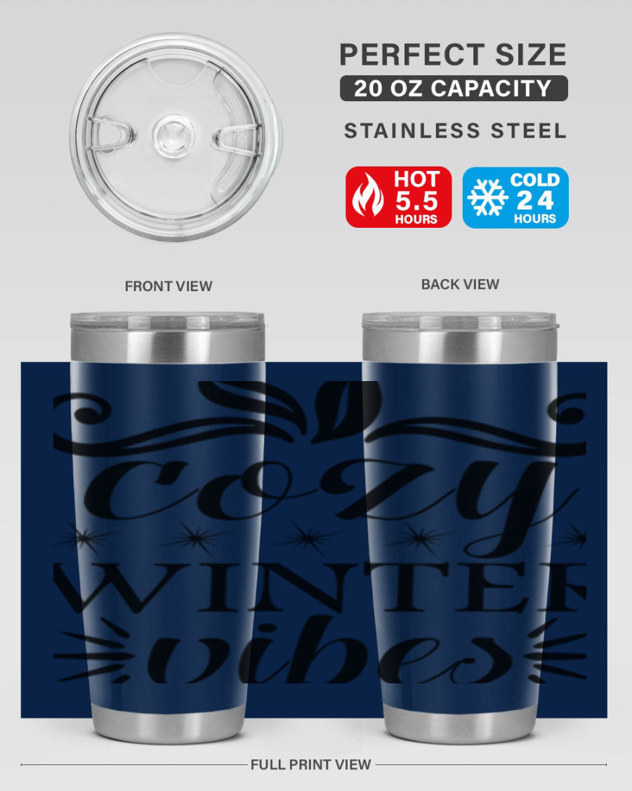 Cozy Winter Vibes 20oz Tumbler made of stainless steel with a stylish design, perfect for hot and cold beverages.