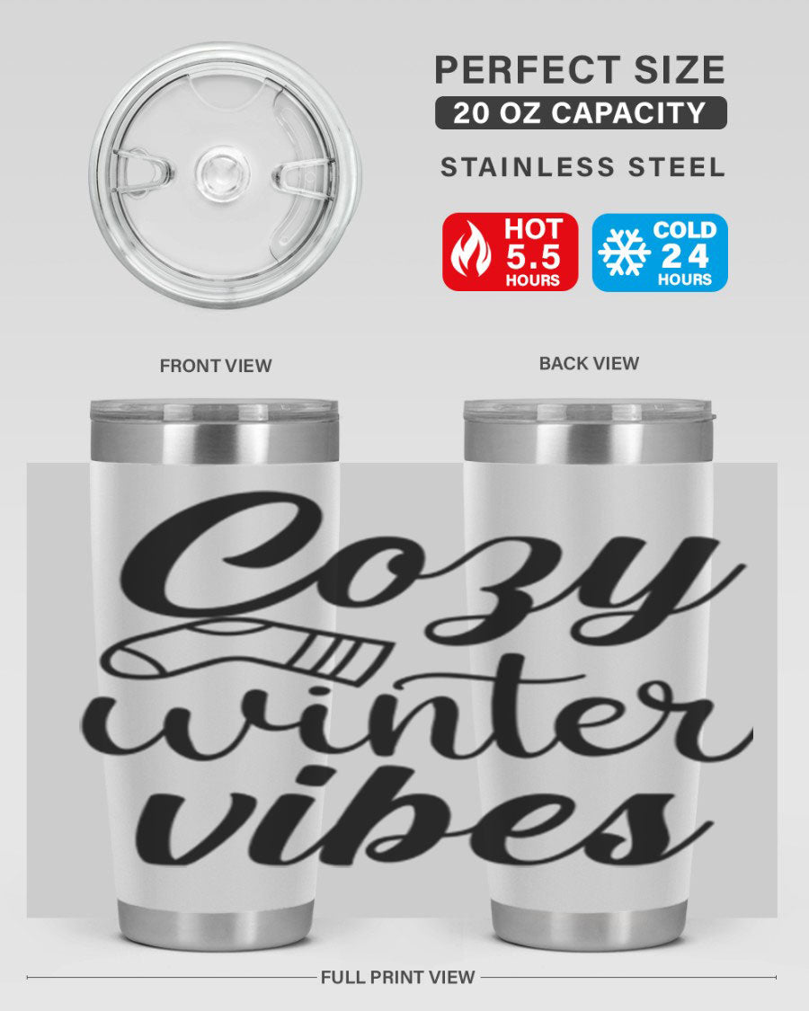 Cozy Winter Vibes 20oz Tumbler in stainless steel with a stylish design, perfect for hot and cold beverages.