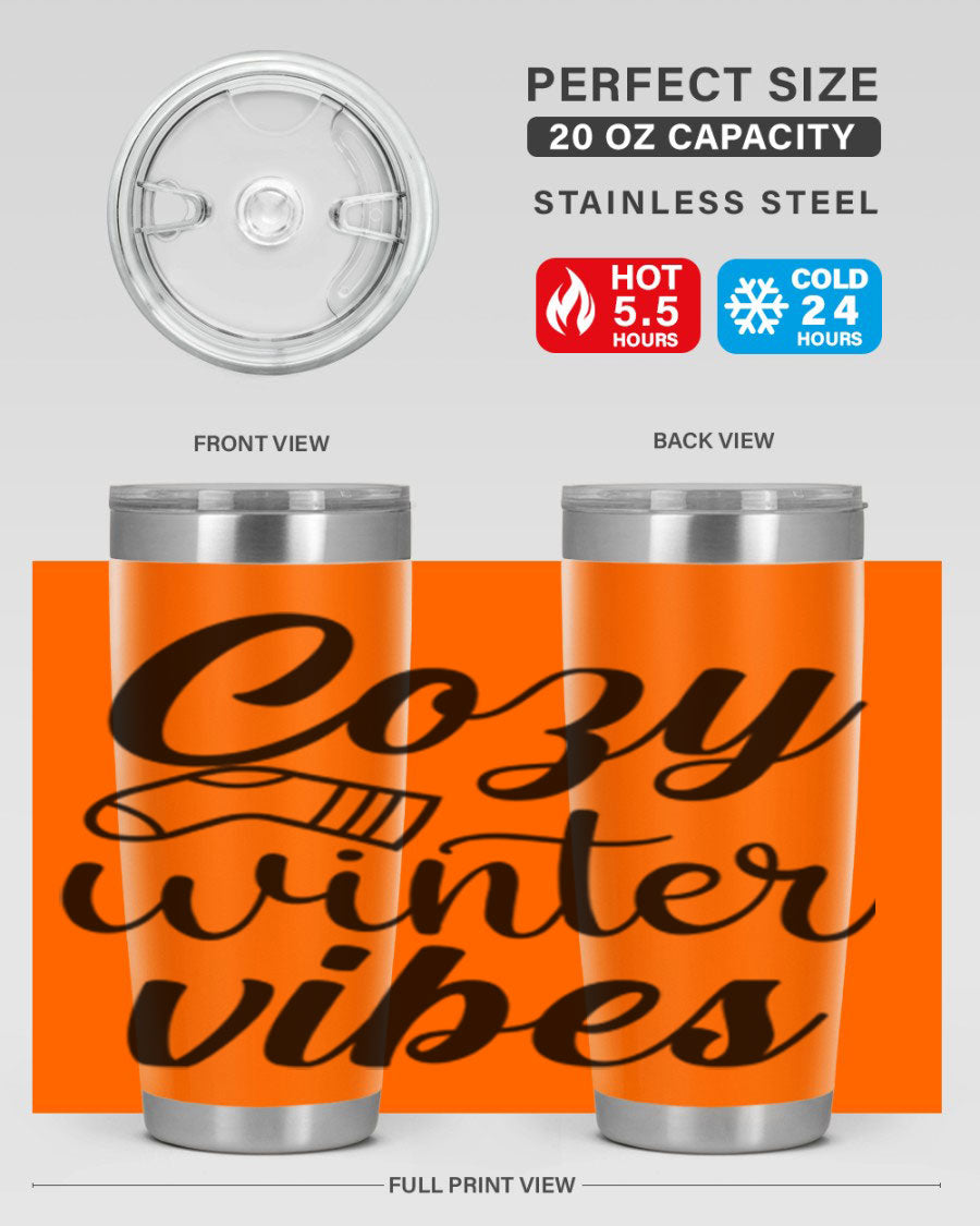 Cozy Winter Vibes 20oz Tumbler in stainless steel with a stylish design, perfect for hot and cold beverages.