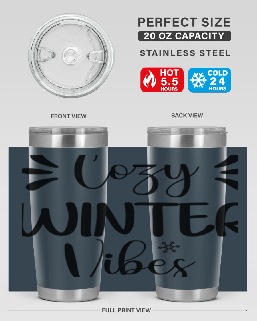 Cozy Winter Vibes76# 20oz Tumbler in stainless steel with a winter-themed design, showcasing its double wall vacuum insulation and drink-thru lid.