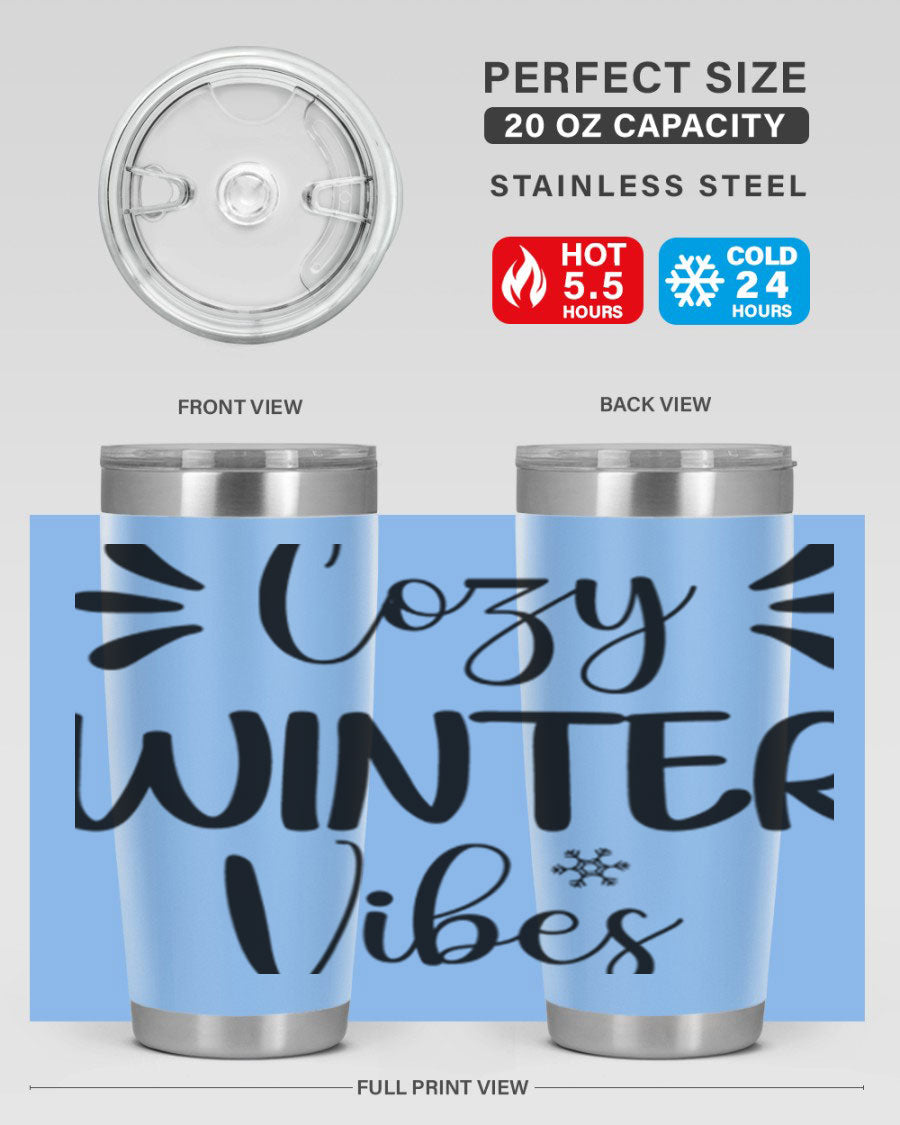 Cozy Winter Vibes76# 20oz Tumbler in stainless steel with a winter-themed design, showcasing its double wall vacuum insulation and drink-thru lid.