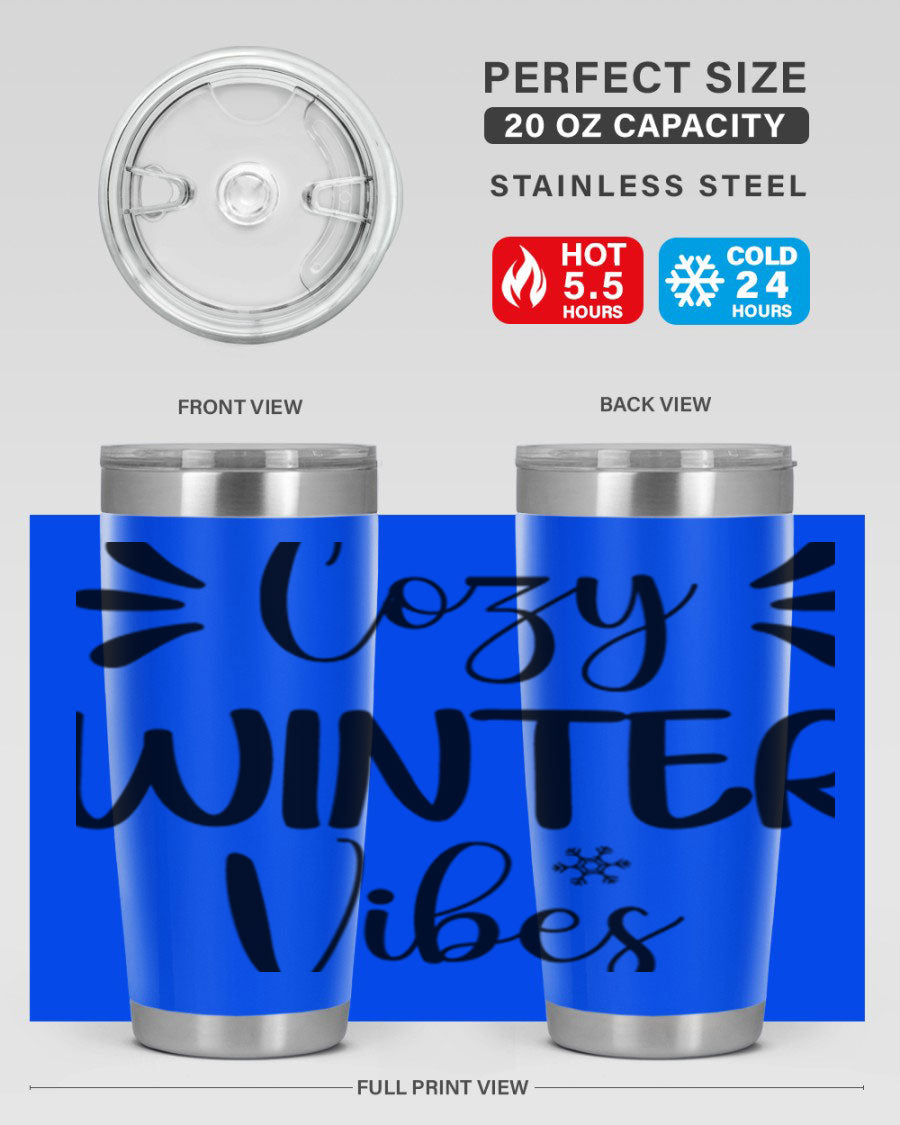 Cozy Winter Vibes76# 20oz Tumbler in stainless steel with a winter-themed design, showcasing its double wall vacuum insulation and drink-thru lid.