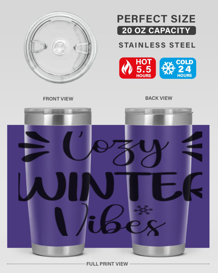 Cozy Winter Vibes76# 20oz Tumbler in stainless steel with a winter-themed design, showcasing its double wall vacuum insulation and drink-thru lid.