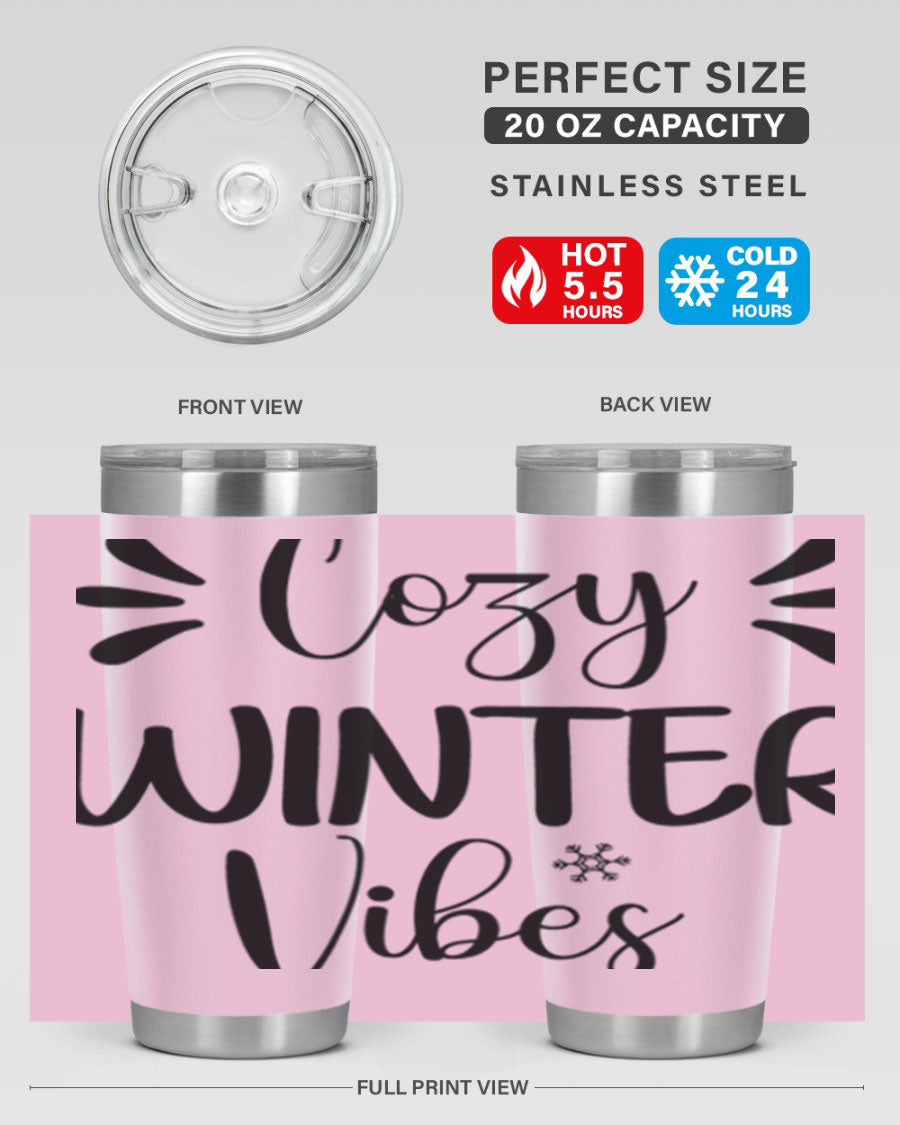 Cozy Winter Vibes76# 20oz Tumbler in stainless steel with a winter-themed design, showcasing its double wall vacuum insulation and drink-thru lid.