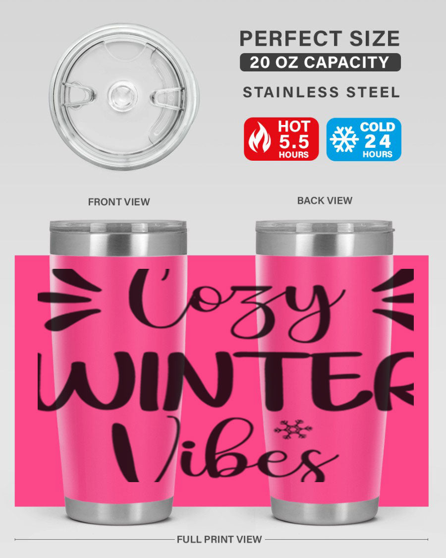 Cozy Winter Vibes76# 20oz Tumbler in stainless steel with a winter-themed design, showcasing its double wall vacuum insulation and drink-thru lid.