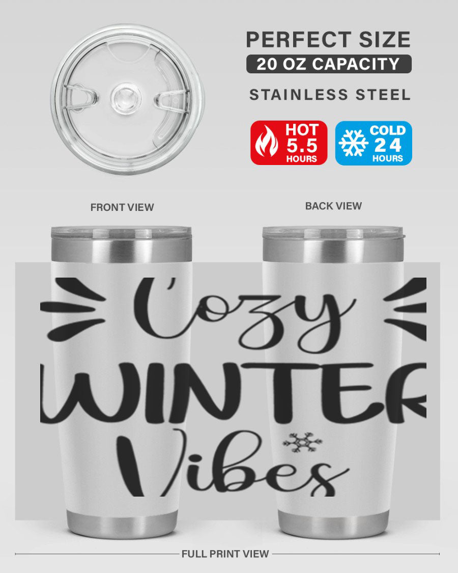 Cozy Winter Vibes76# 20oz Tumbler in stainless steel with a winter-themed design, showcasing its double wall vacuum insulation and drink-thru lid.