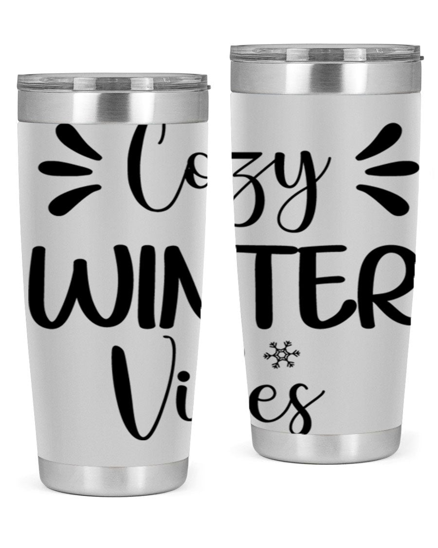 Cozy Winter Vibes76# 20oz Tumbler in stainless steel with a winter-themed design, showcasing its double wall vacuum insulation and drink-thru lid.