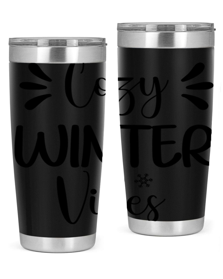 Cozy Winter Vibes76# 20oz Tumbler in stainless steel with a winter-themed design, showcasing its double wall vacuum insulation and drink-thru lid.