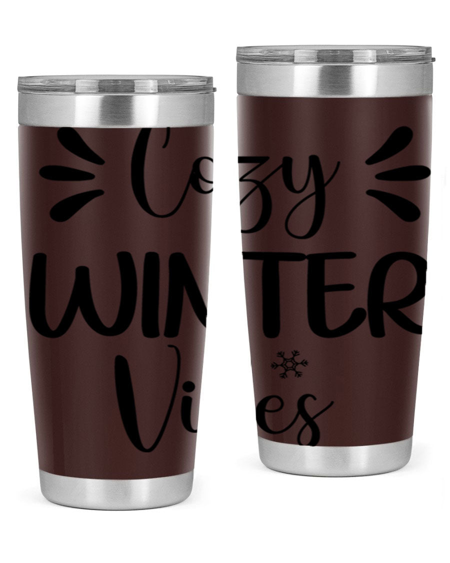 Cozy Winter Vibes76# 20oz Tumbler in stainless steel with a winter-themed design, showcasing its double wall vacuum insulation and drink-thru lid.
