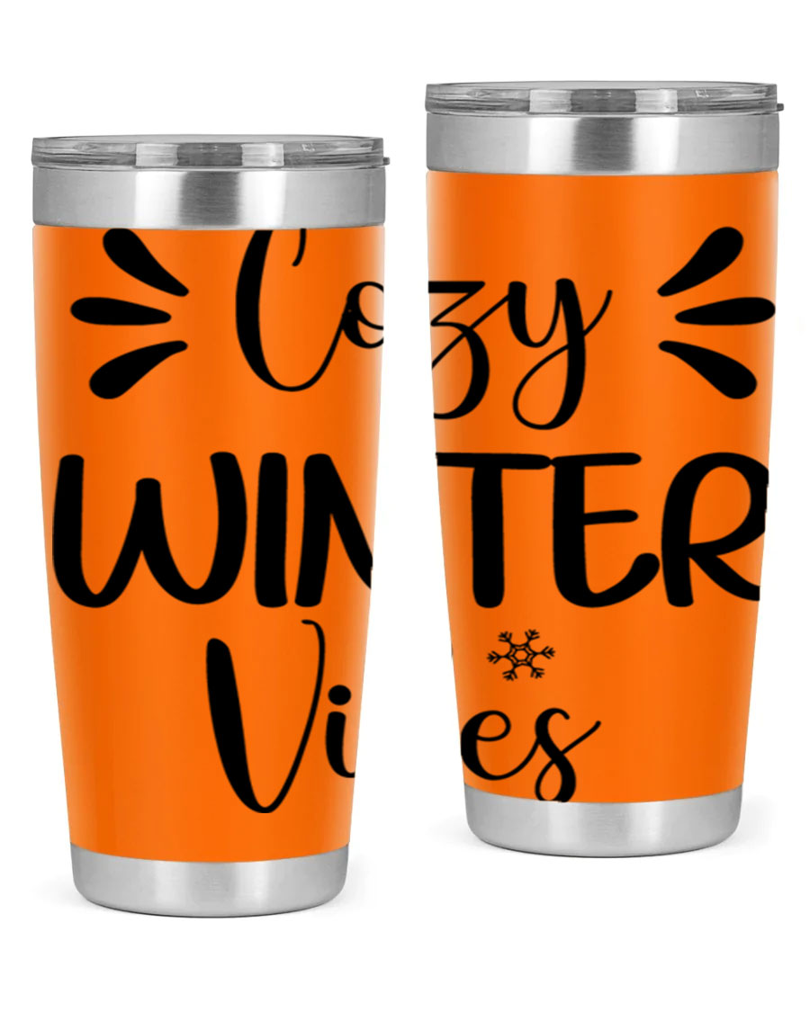Cozy Winter Vibes76# 20oz Tumbler in stainless steel with a winter-themed design, showcasing its double wall vacuum insulation and drink-thru lid.