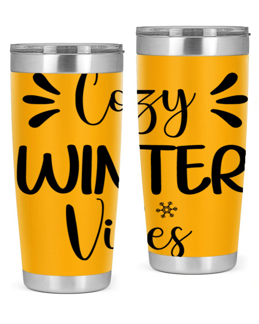 Cozy Winter Vibes76# 20oz Tumbler in stainless steel with a winter-themed design, showcasing its double wall vacuum insulation and drink-thru lid.