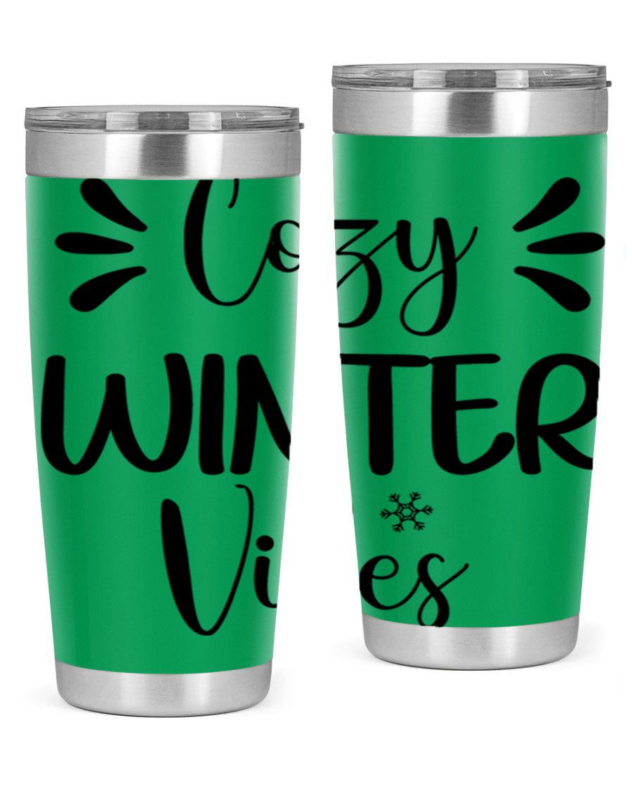 Cozy Winter Vibes76# 20oz Tumbler in stainless steel with a winter-themed design, showcasing its double wall vacuum insulation and drink-thru lid.