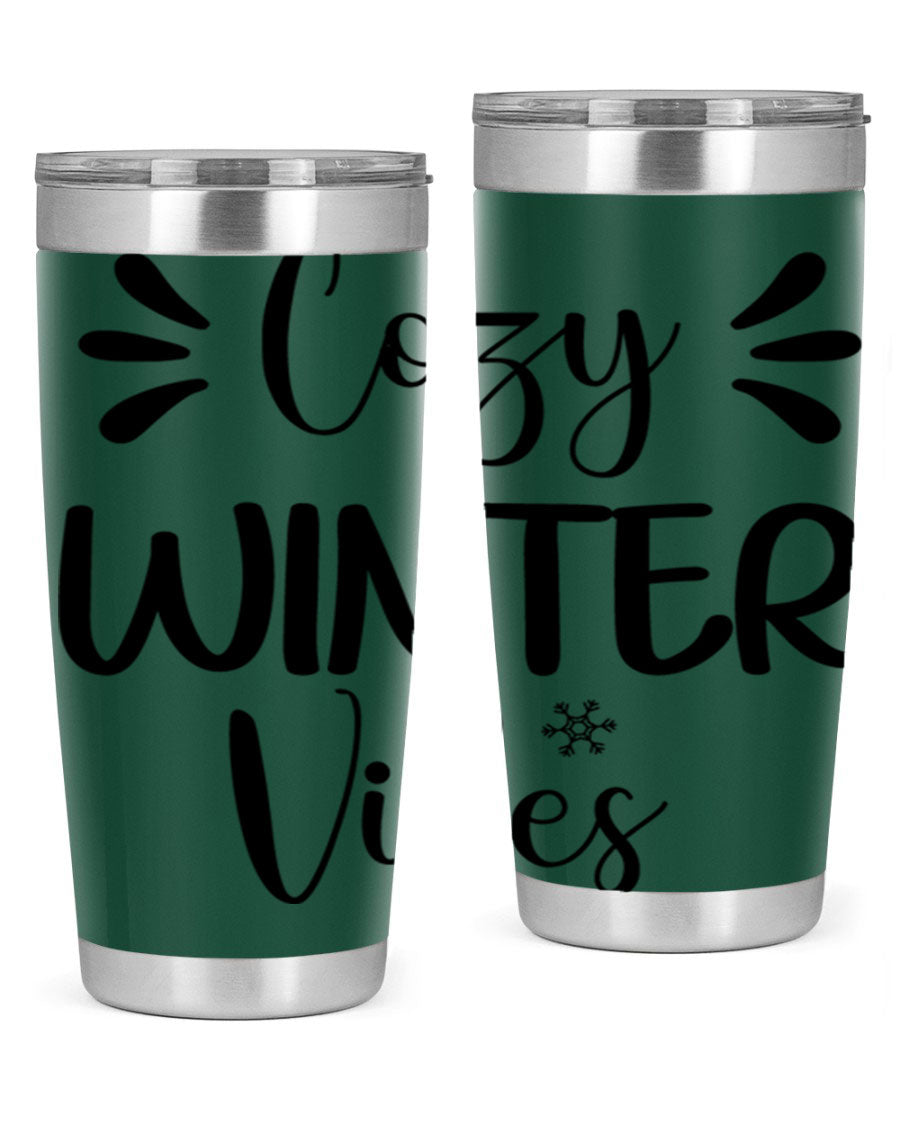 Cozy Winter Vibes76# 20oz Tumbler in stainless steel with a winter-themed design, showcasing its double wall vacuum insulation and drink-thru lid.