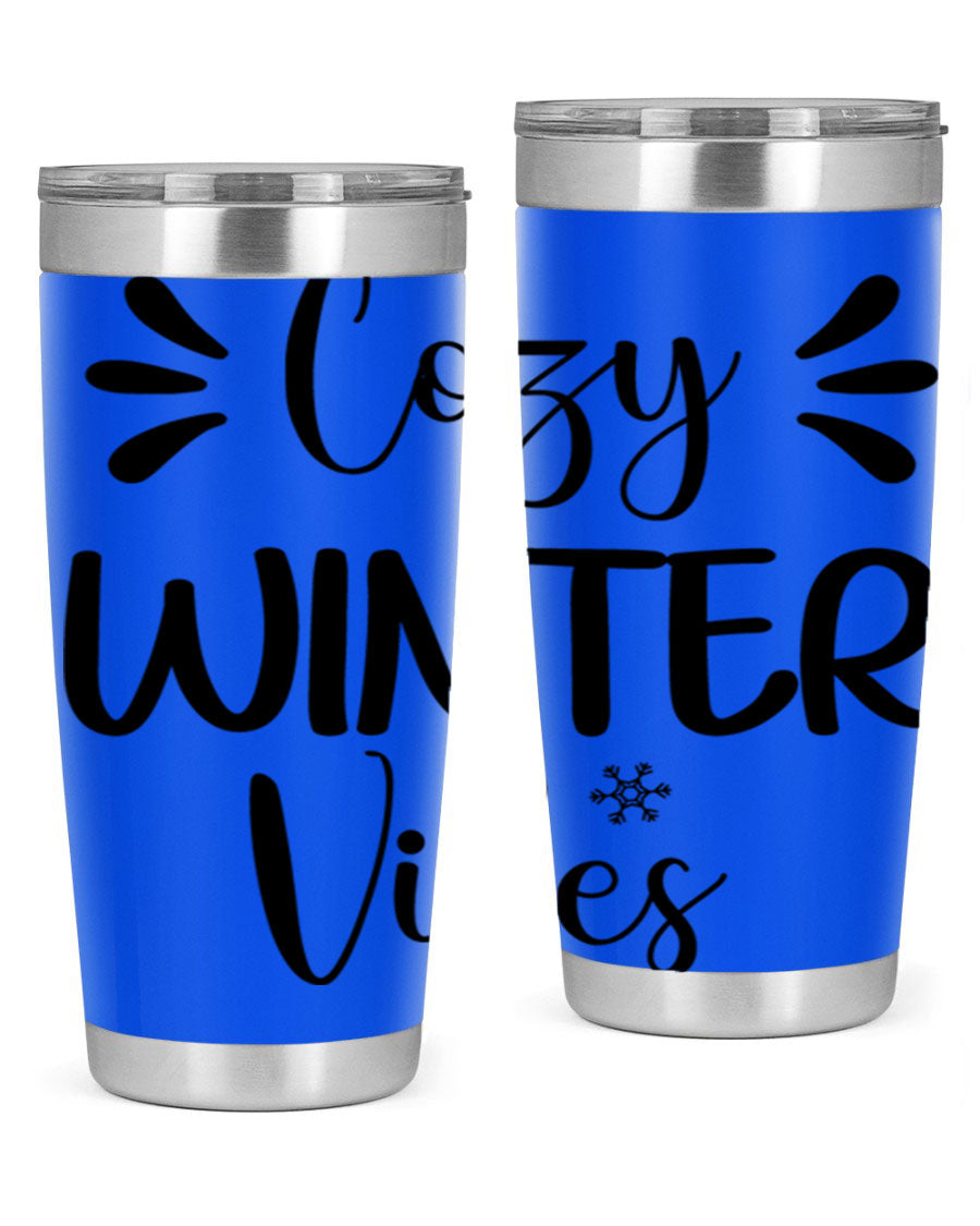 Cozy Winter Vibes76# 20oz Tumbler in stainless steel with a winter-themed design, showcasing its double wall vacuum insulation and drink-thru lid.