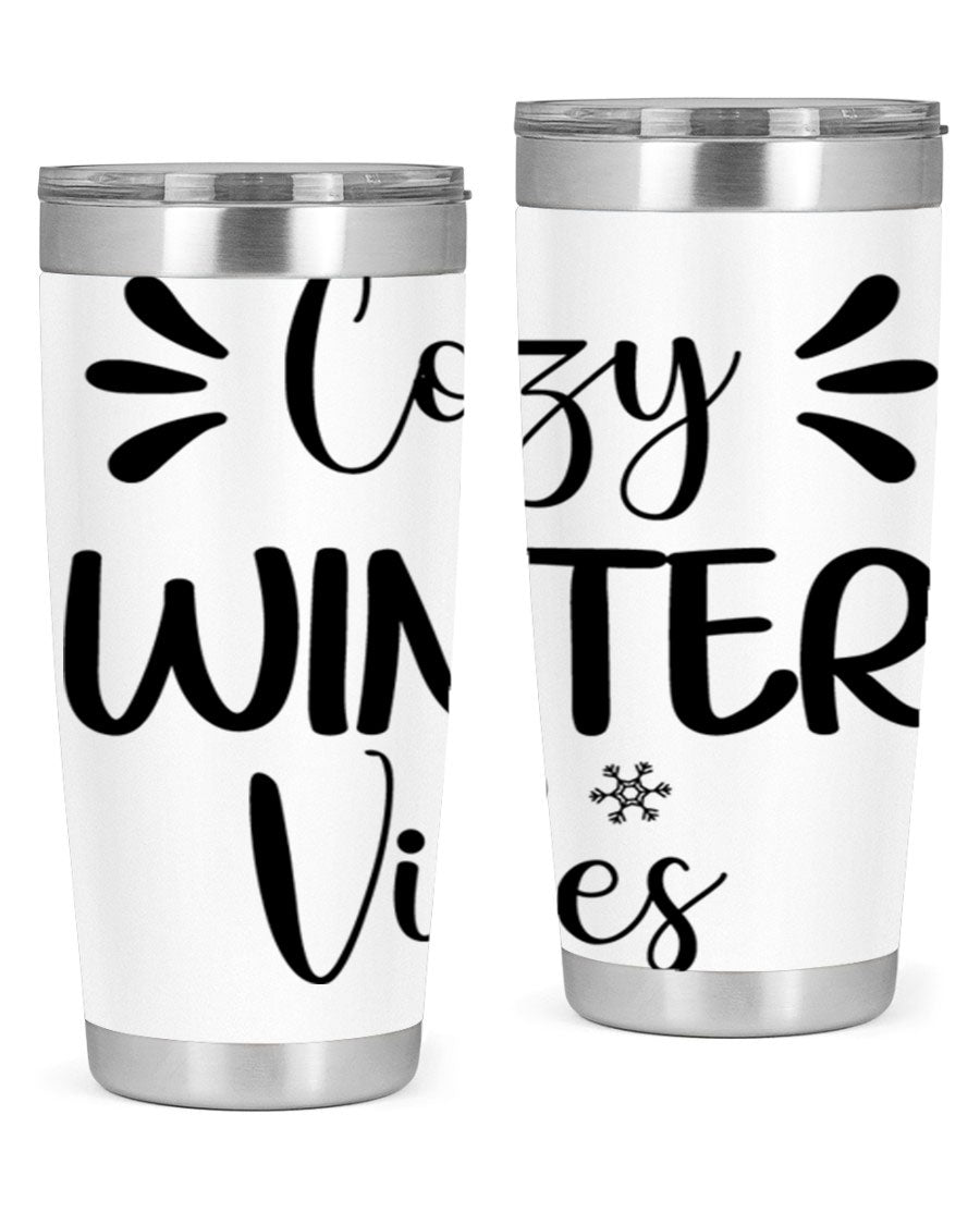 Cozy Winter Vibes76# 20oz Tumbler in stainless steel with a winter-themed design, showcasing its double wall vacuum insulation and drink-thru lid.