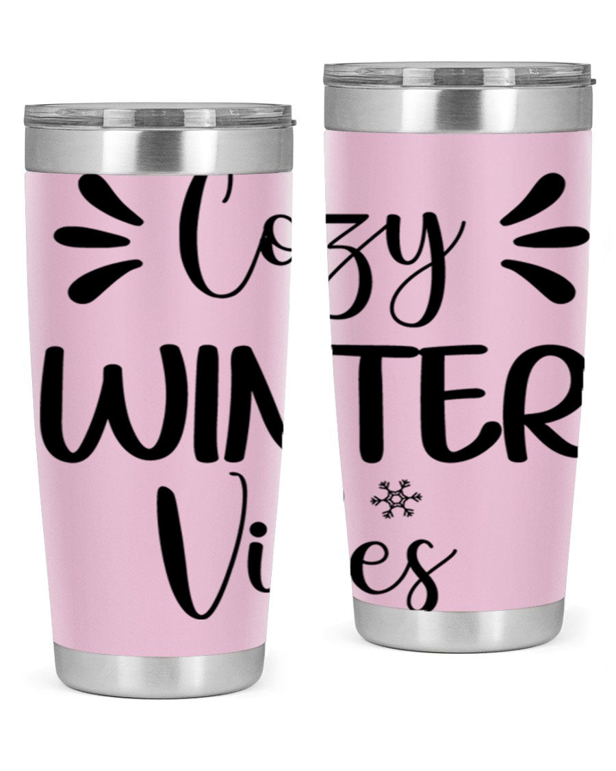 Cozy Winter Vibes76# 20oz Tumbler in stainless steel with a winter-themed design, showcasing its double wall vacuum insulation and drink-thru lid.