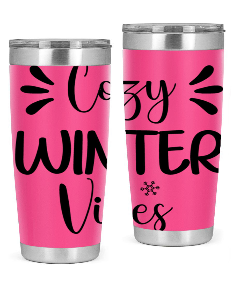 Cozy Winter Vibes76# 20oz Tumbler in stainless steel with a winter-themed design, showcasing its double wall vacuum insulation and drink-thru lid.