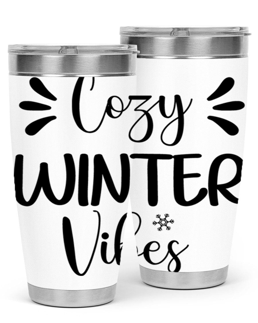 Cozy Winter Vibes76# 20oz Tumbler in stainless steel with a winter-themed design, showcasing its double wall vacuum insulation and drink-thru lid.