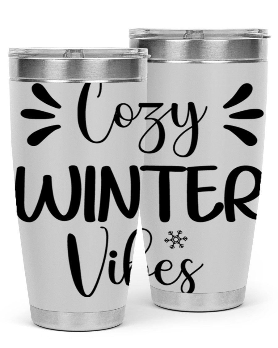Cozy Winter Vibes76# 20oz Tumbler in stainless steel with a winter-themed design, showcasing its double wall vacuum insulation and drink-thru lid.