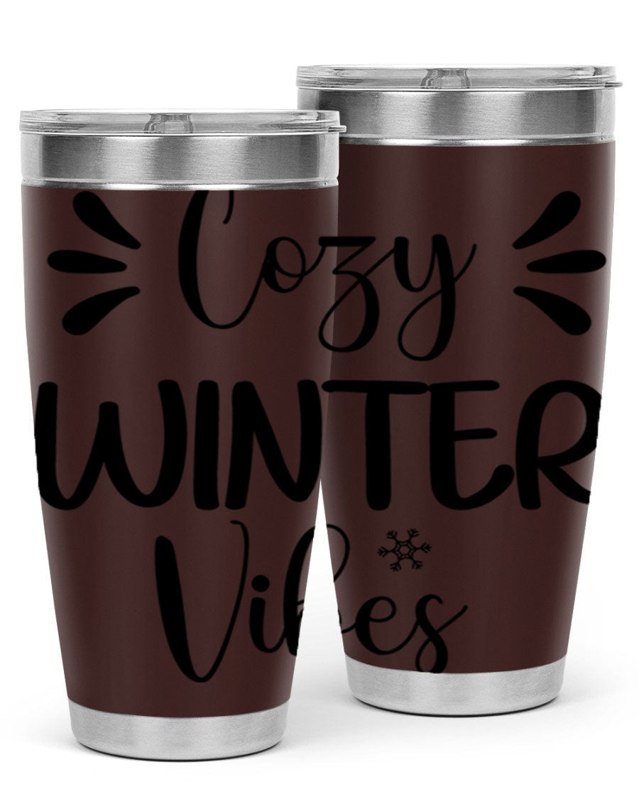Cozy Winter Vibes76# 20oz Tumbler in stainless steel with a winter-themed design, showcasing its double wall vacuum insulation and drink-thru lid.