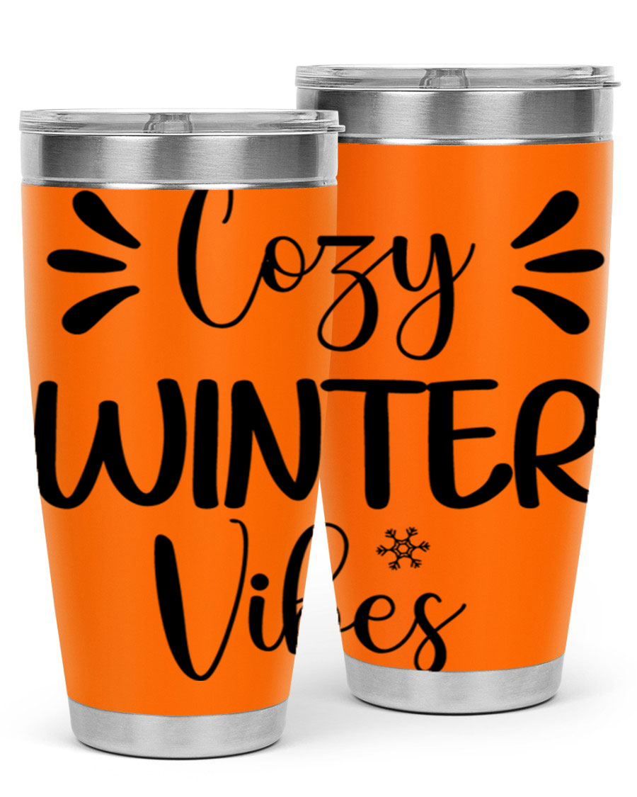 Cozy Winter Vibes76# 20oz Tumbler in stainless steel with a winter-themed design, showcasing its double wall vacuum insulation and drink-thru lid.