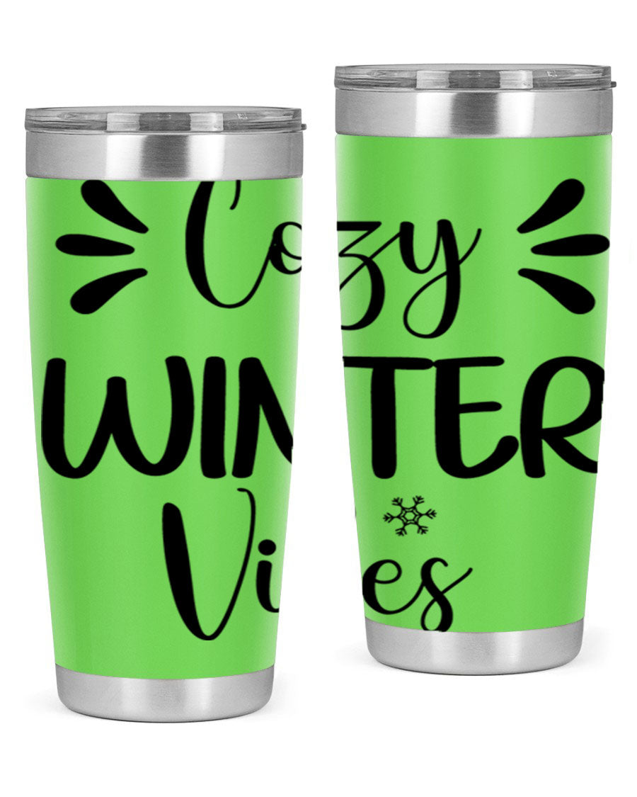 Cozy Winter Vibes76# 20oz Tumbler in stainless steel with a winter-themed design, showcasing its double wall vacuum insulation and drink-thru lid.