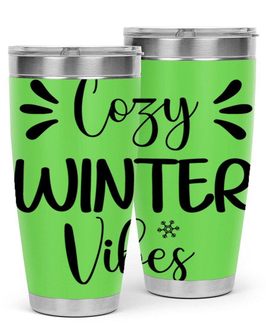 Cozy Winter Vibes76# 20oz Tumbler in stainless steel with a winter-themed design, showcasing its double wall vacuum insulation and drink-thru lid.