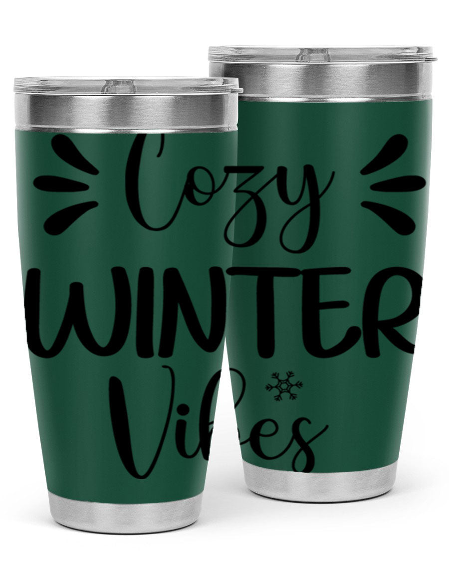 Cozy Winter Vibes76# 20oz Tumbler in stainless steel with a winter-themed design, showcasing its double wall vacuum insulation and drink-thru lid.