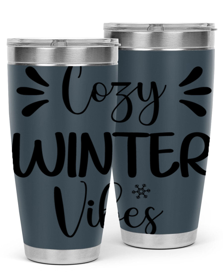 Cozy Winter Vibes76# 20oz Tumbler in stainless steel with a winter-themed design, showcasing its double wall vacuum insulation and drink-thru lid.
