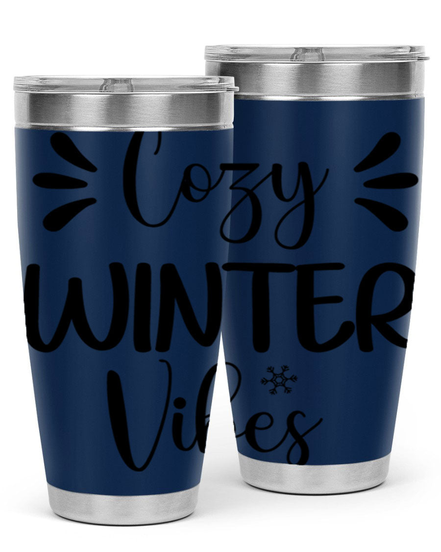 Cozy Winter Vibes76# 20oz Tumbler in stainless steel with a winter-themed design, showcasing its double wall vacuum insulation and drink-thru lid.
