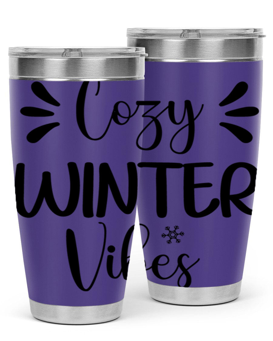 Cozy Winter Vibes76# 20oz Tumbler in stainless steel with a winter-themed design, showcasing its double wall vacuum insulation and drink-thru lid.