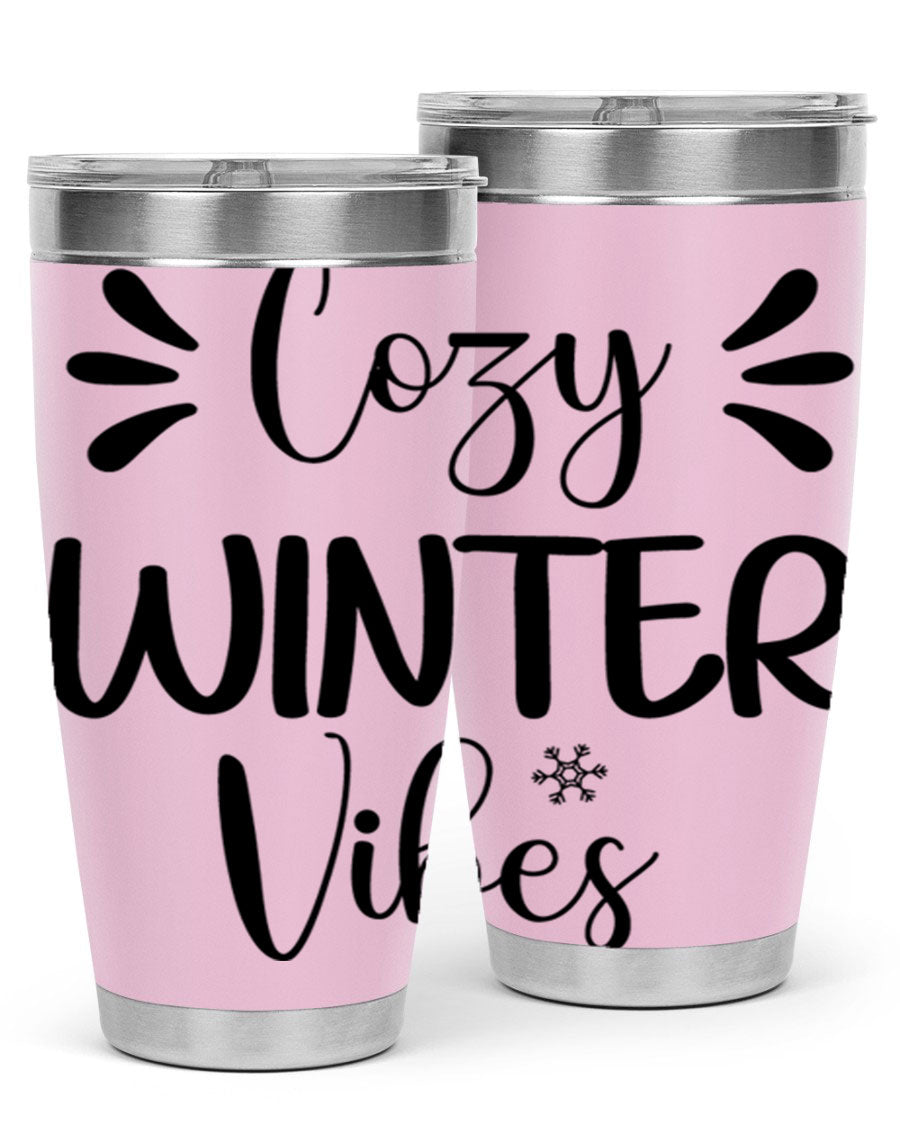 Cozy Winter Vibes76# 20oz Tumbler in stainless steel with a winter-themed design, showcasing its double wall vacuum insulation and drink-thru lid.