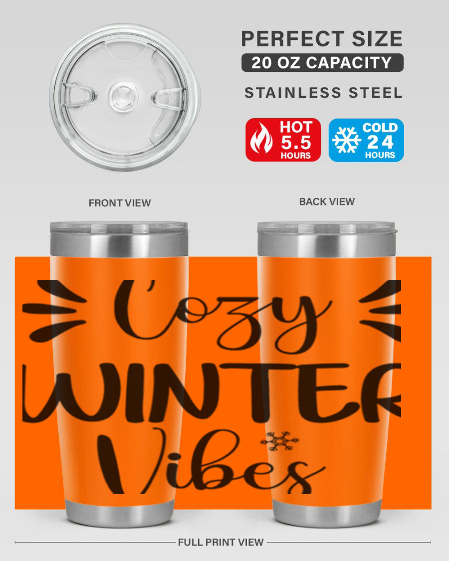 Cozy Winter Vibes76# 20oz Tumbler in stainless steel with a winter-themed design, showcasing its double wall vacuum insulation and drink-thru lid.