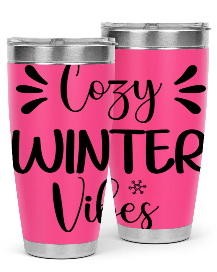 Cozy Winter Vibes76# 20oz Tumbler in stainless steel with a winter-themed design, showcasing its double wall vacuum insulation and drink-thru lid.