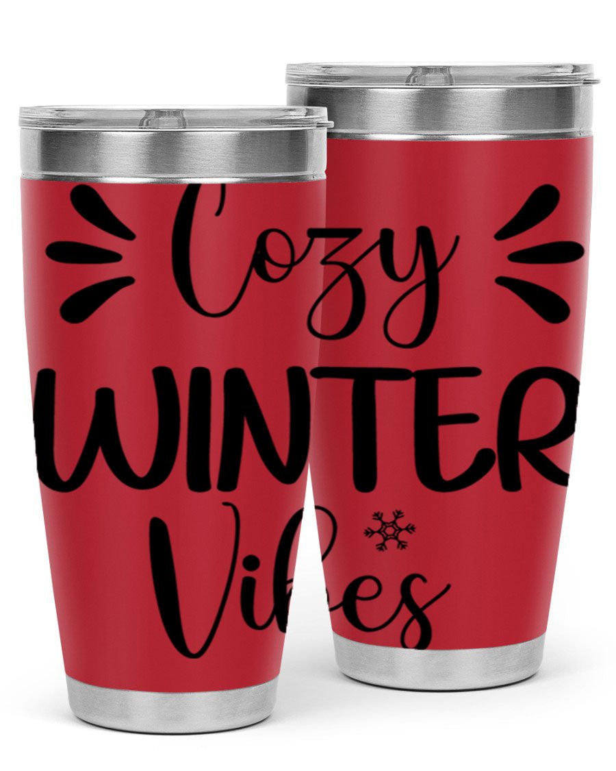 Cozy Winter Vibes76# 20oz Tumbler in stainless steel with a winter-themed design, showcasing its double wall vacuum insulation and drink-thru lid.