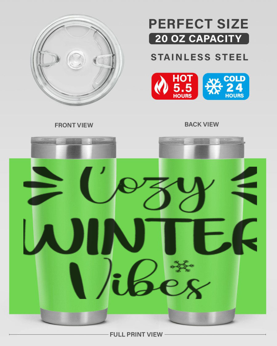 Cozy Winter Vibes76# 20oz Tumbler in stainless steel with a winter-themed design, showcasing its double wall vacuum insulation and drink-thru lid.