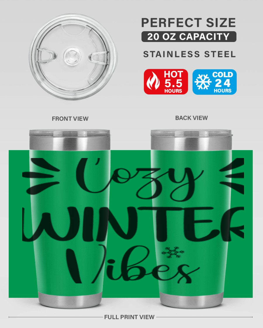 Cozy Winter Vibes76# 20oz Tumbler in stainless steel with a winter-themed design, showcasing its double wall vacuum insulation and drink-thru lid.
